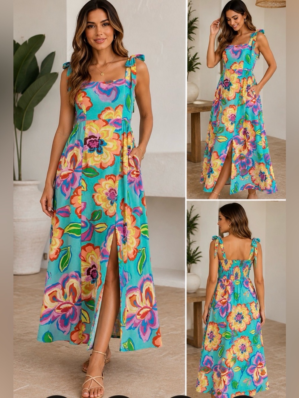GB Floral Linen Blend Tie Shoulder Midi Maxi Dress Turquoise Small